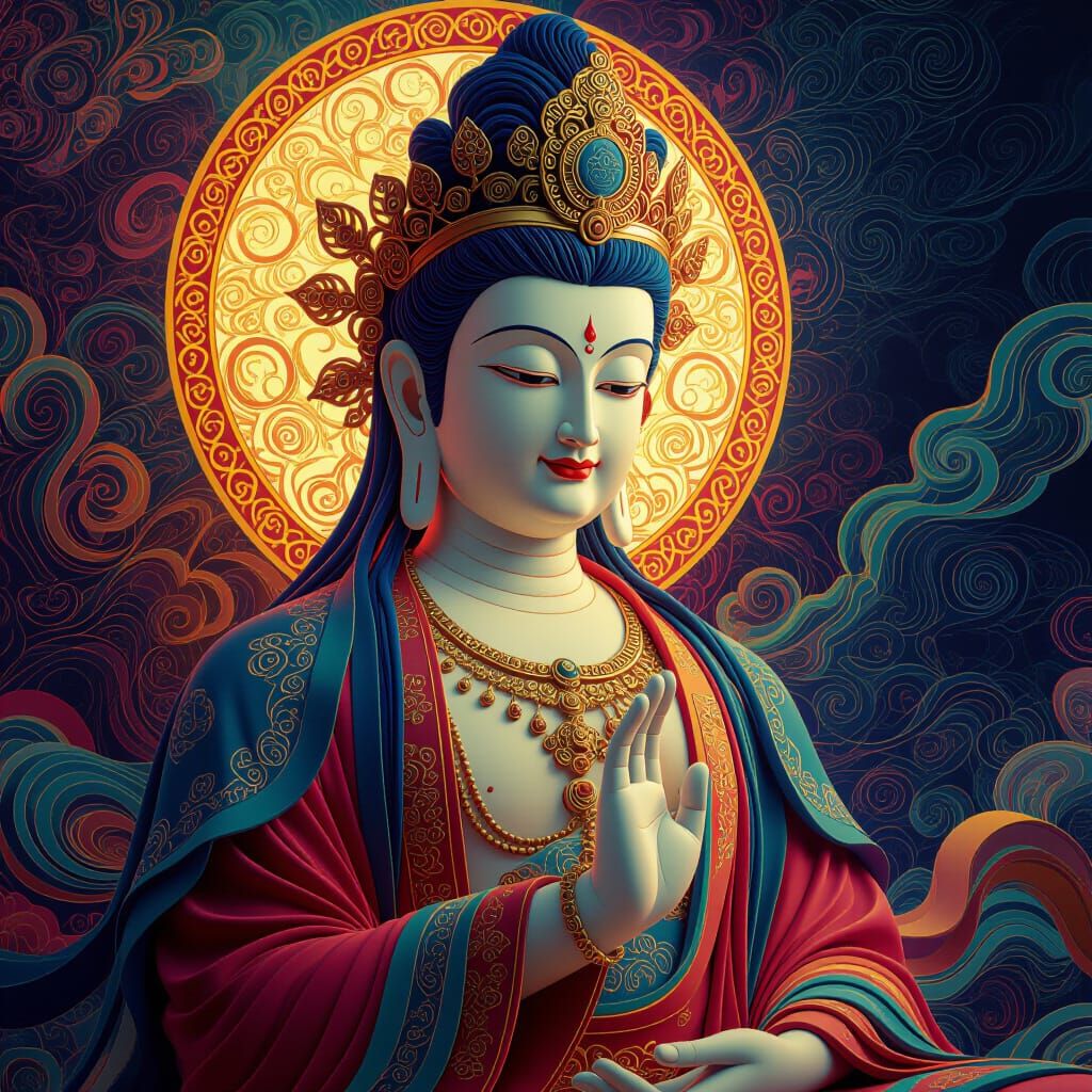 Serene Bodhisattva in Flowing Robes, Vibrant Splash Art