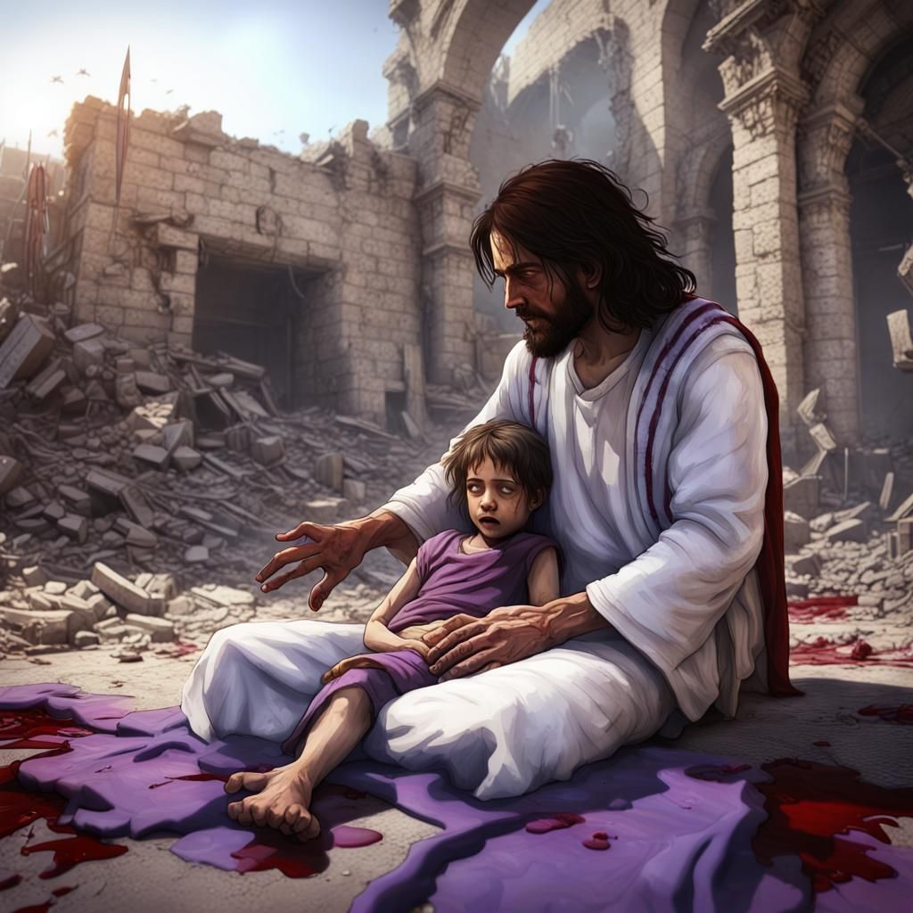 Jesus blesses a wounded Palestinian child whose clothes are dirty and blood stained in the ruins of modern Gaza city a masterpiece, painted...