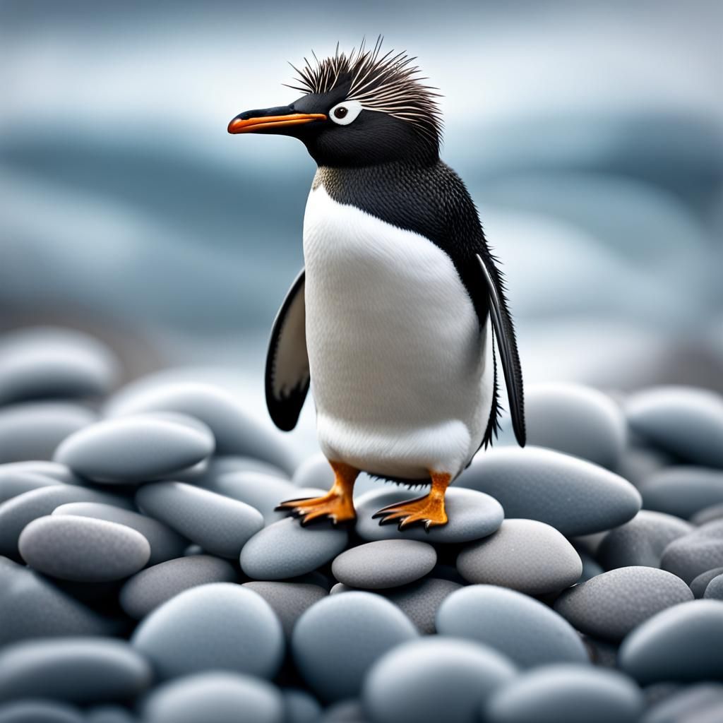 A (rockhopper penguin:1.3) standing on a small pile of round...