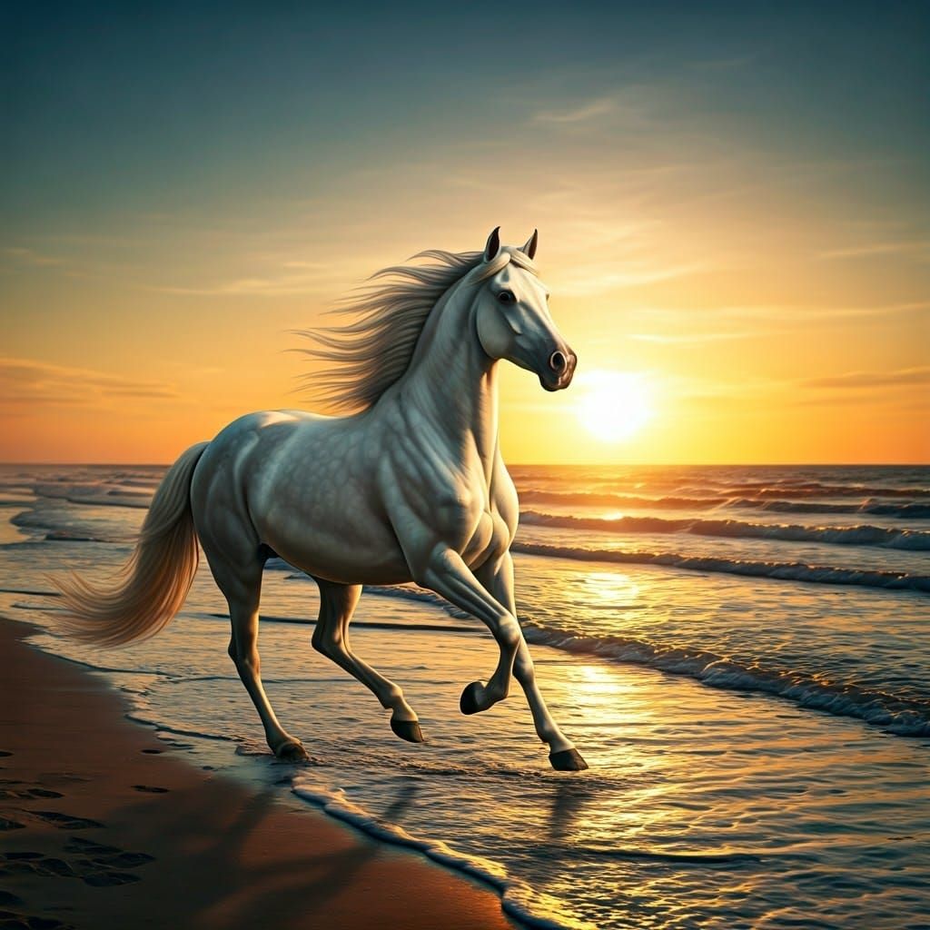 Galloping White Horse on a Serene Beach at Dusk