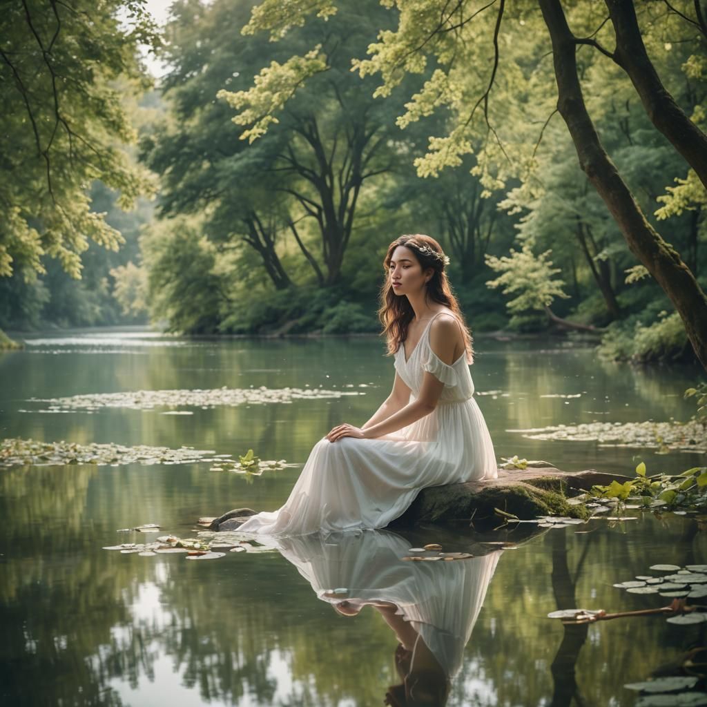 Serene Woman by Lake in Pastel Landscape Photography