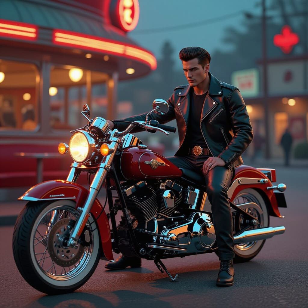 Greaser and Steampunk Motorcycle in Nostalgic Film Style