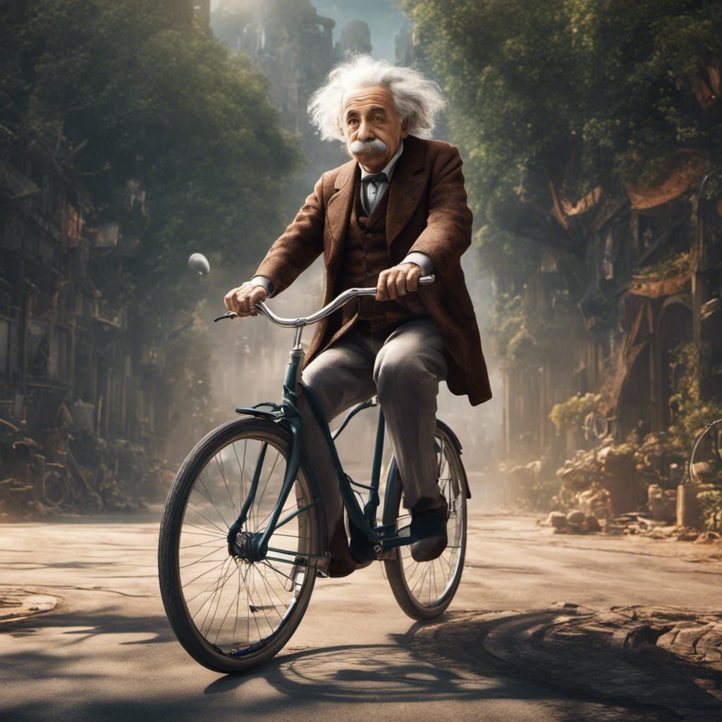 Albert Einstein riding a bicycle.