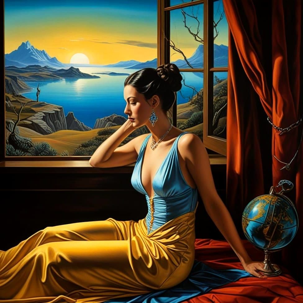 Surrealistic Fantasy Landscape with Elegant Female Silhouett...