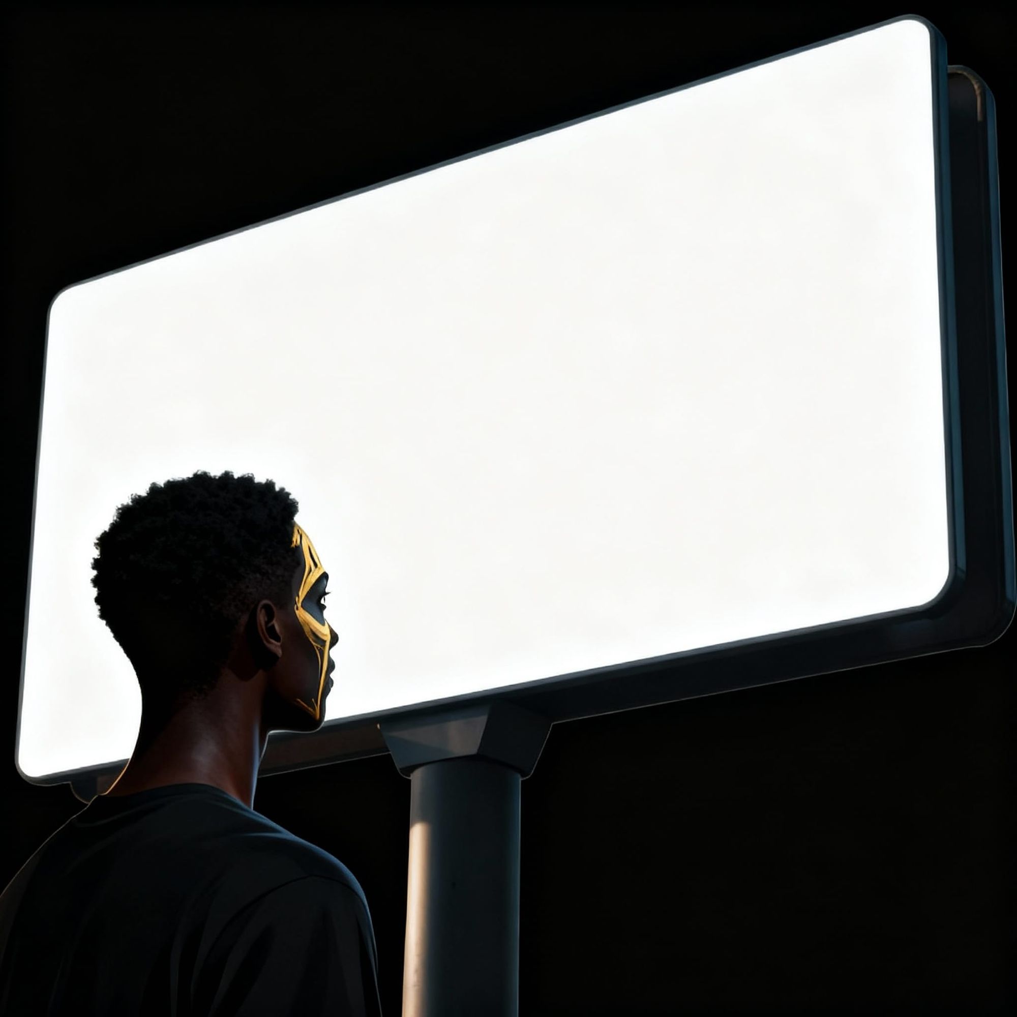 A  dark man   watches a mystery Billboard screen - Start Image 1