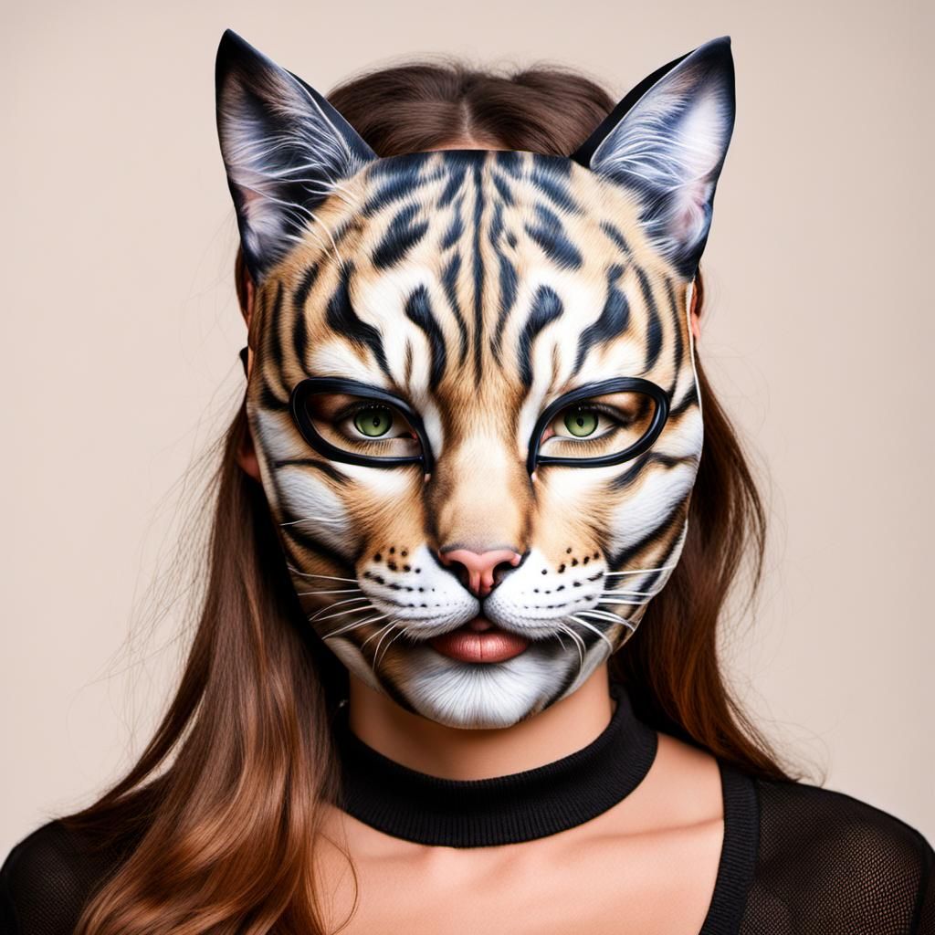 Voluptuous woman wearing hyperrealistic tabby cat mask.