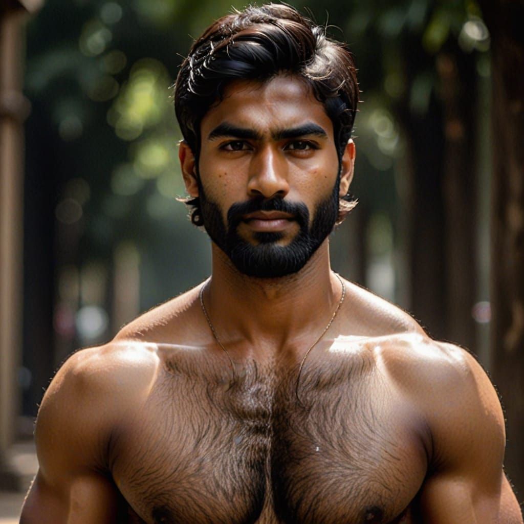 Young Indian Athlete with Strong Build and Hairy Chest