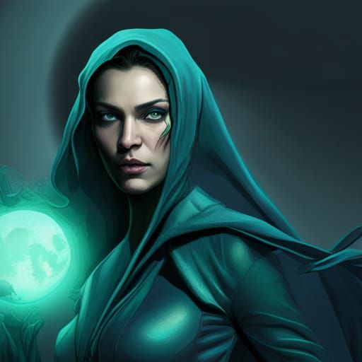 Banshee spectre in green robe screening under a full blue mo...