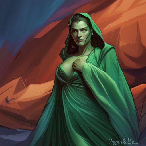 Banshee spectre in green robe screening under a full blue mo...