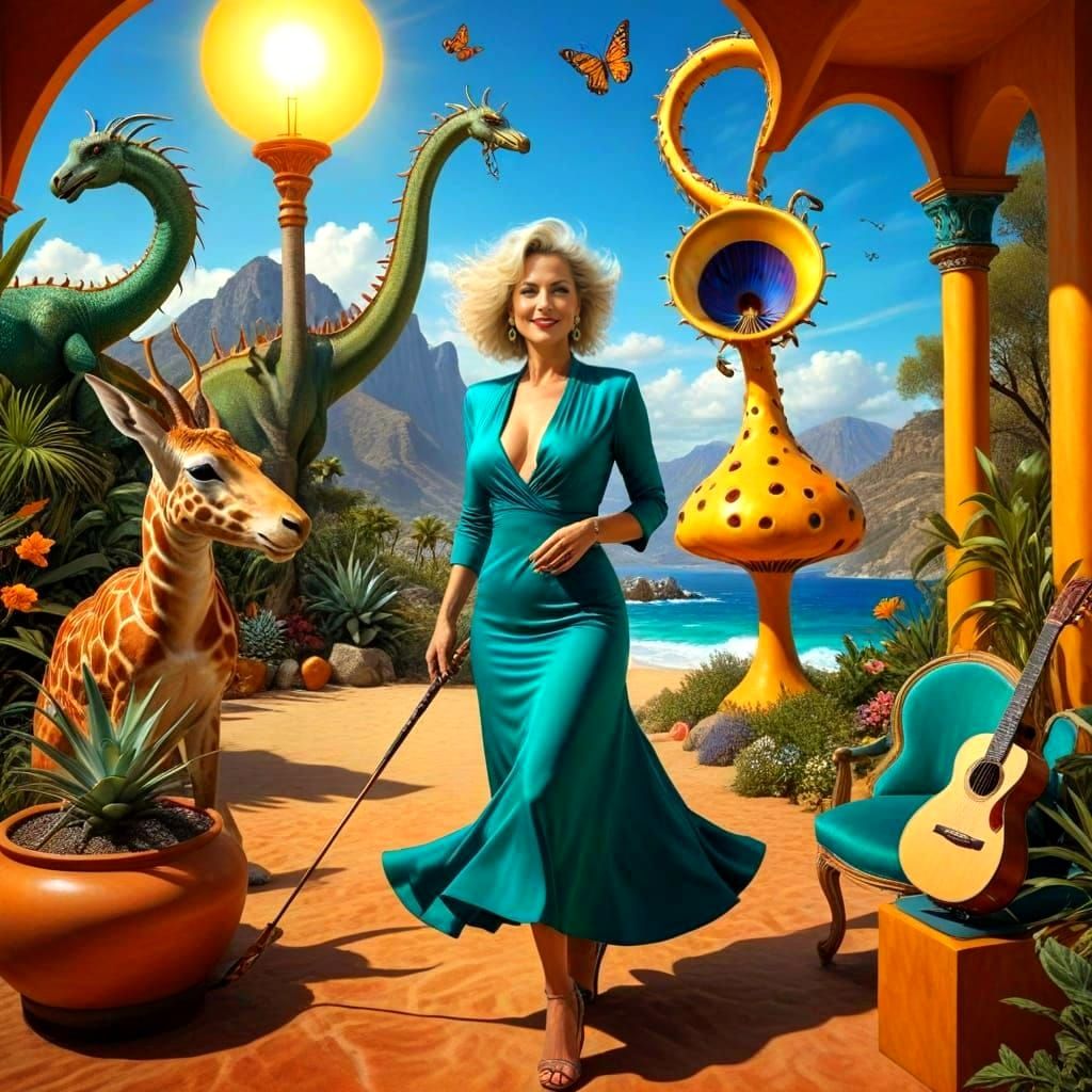 Vibrant Surreal Portrait of a Happy Lady in Exotic Surroundi...