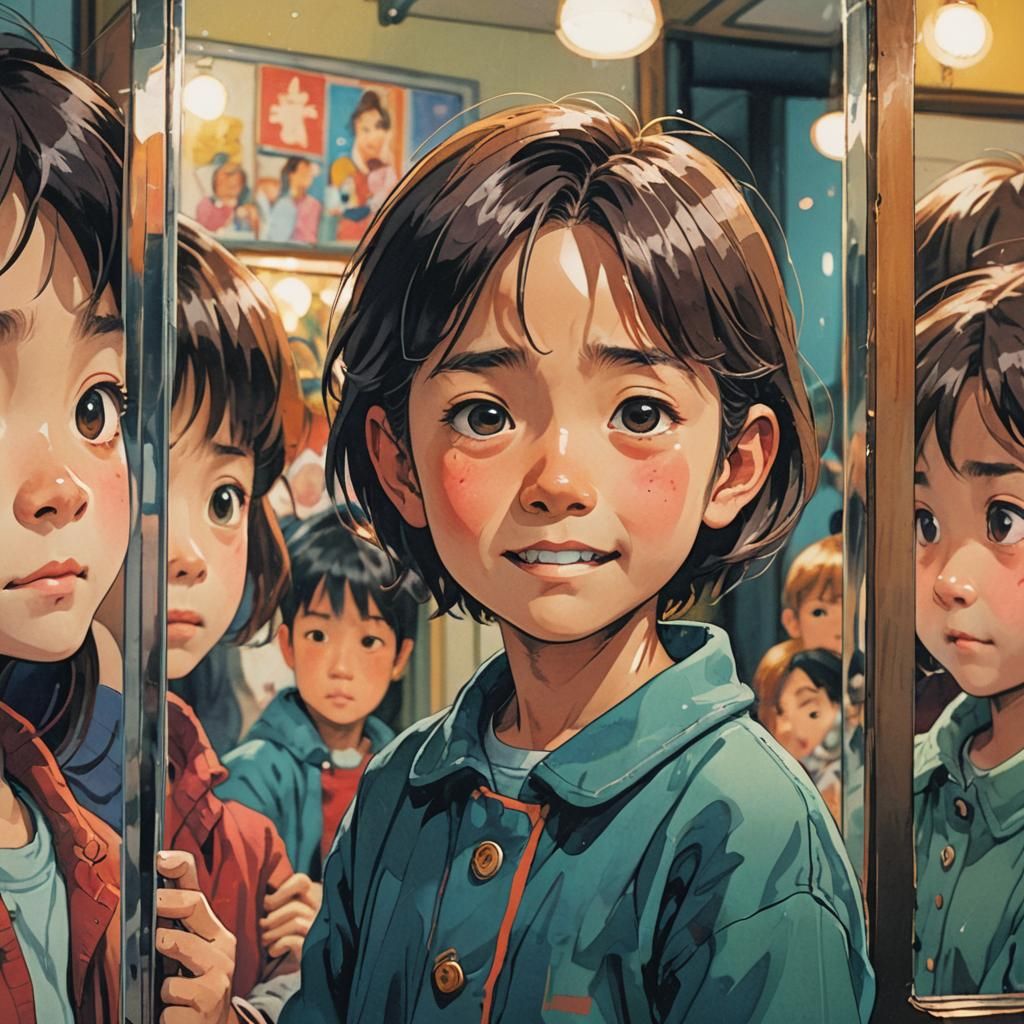 Sad Child in Mirror, Vibrant Manga Illustration