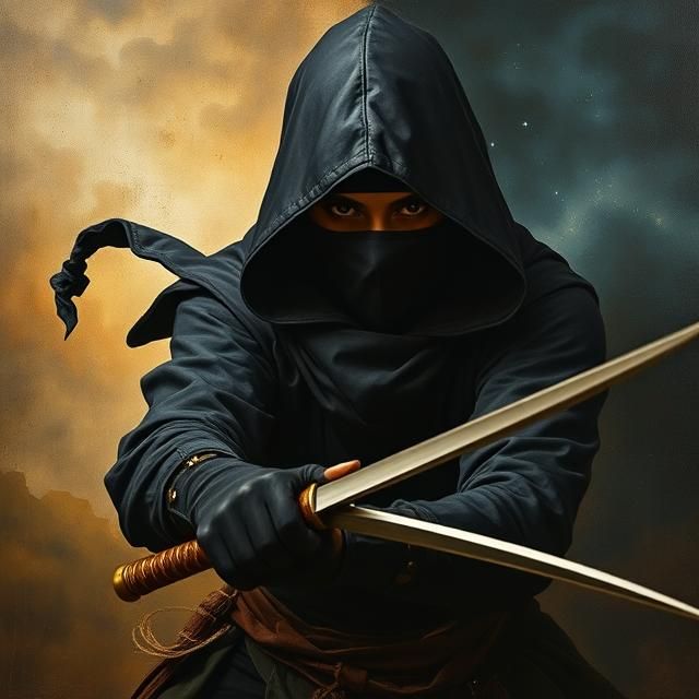 BLACK FEMALE STEALTH NINJA IN A SPLIT BACKGROUND OF NIGHT AN...