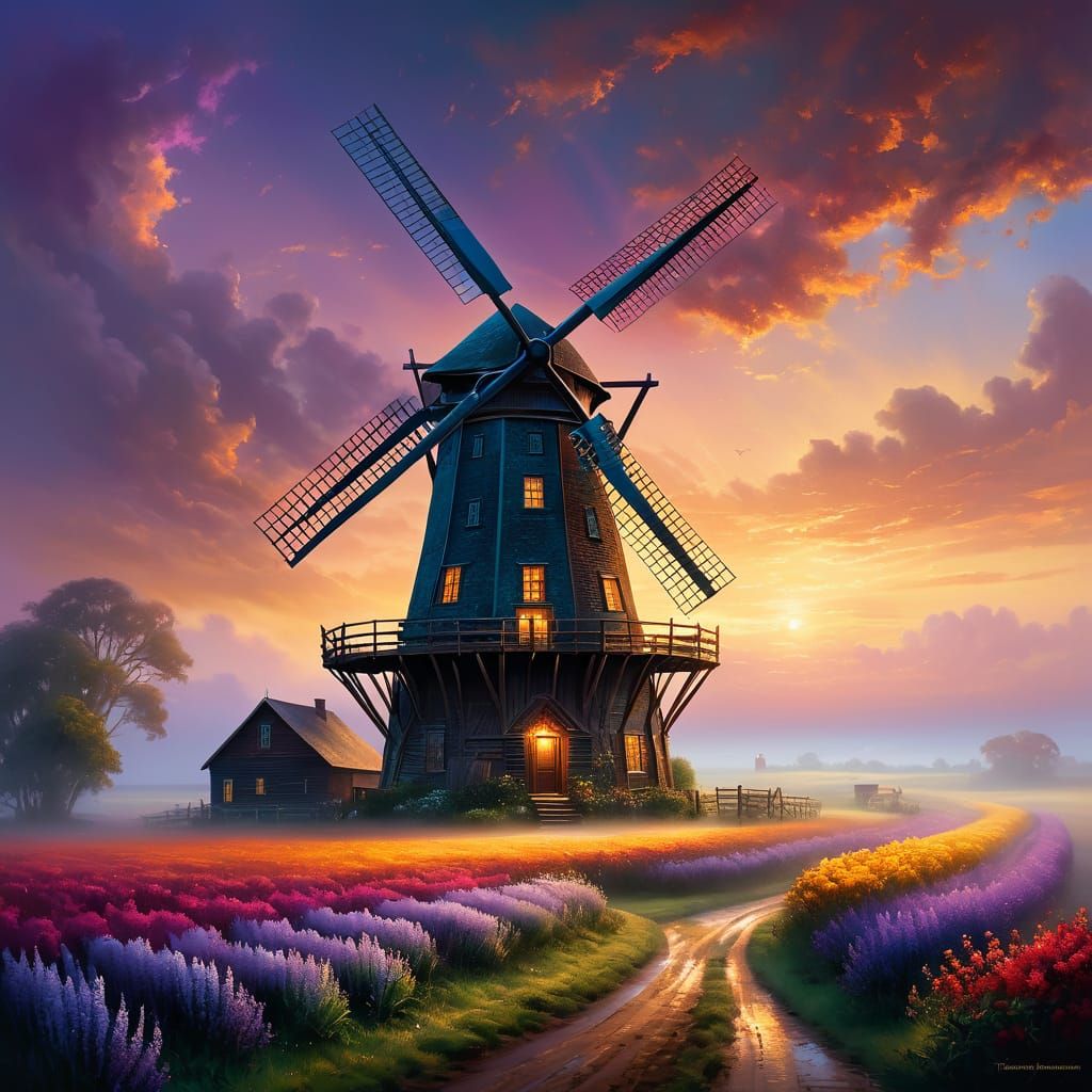 An old windmill and farmhouse