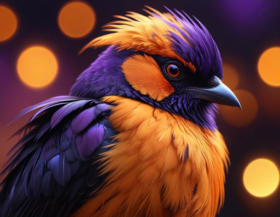 a realistic and detailed image of a stunning, vividly colored bird in hues of colorful orange and dark ...