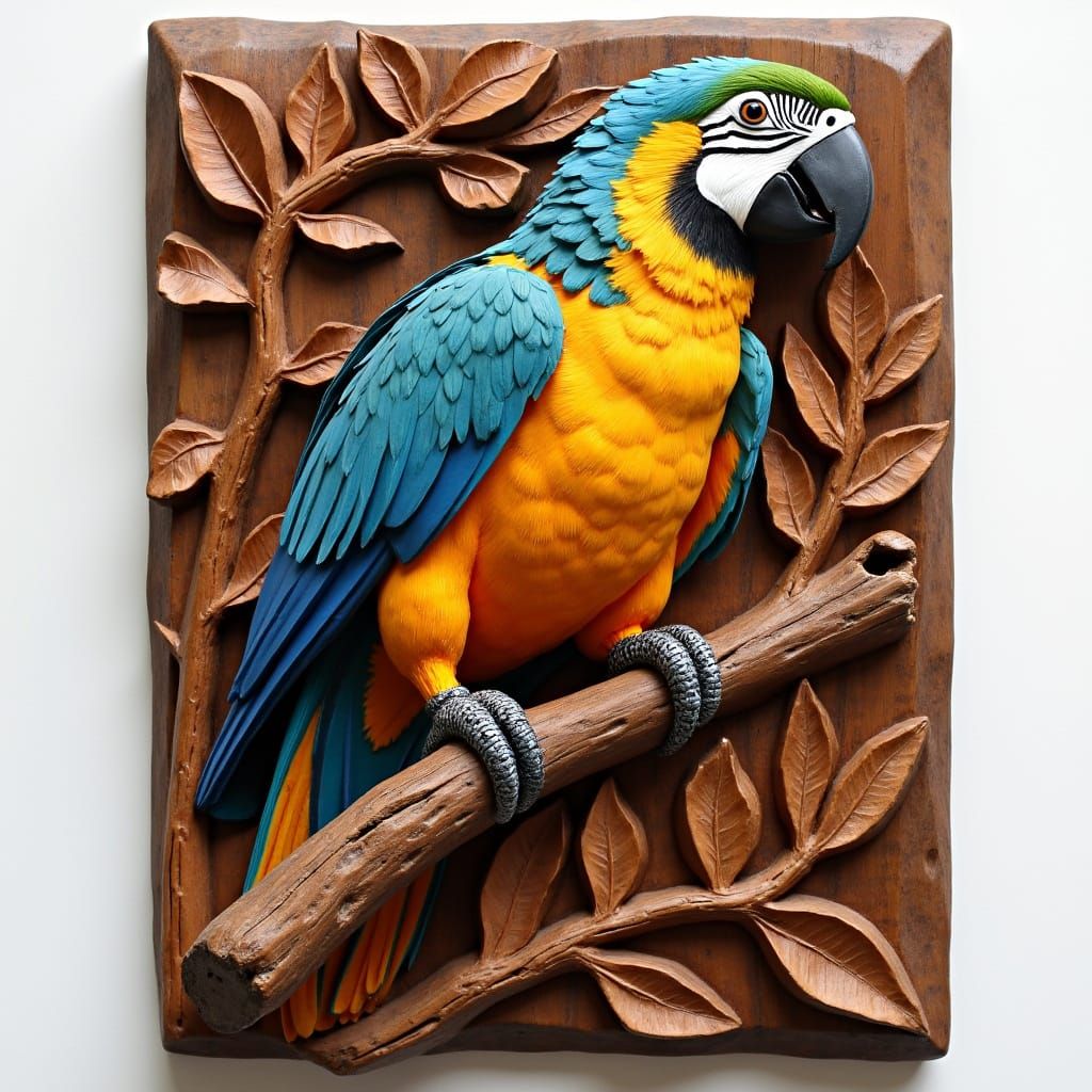 A wooden relief carving of a colorful parrot <lora:Wooden Carving:1.0>