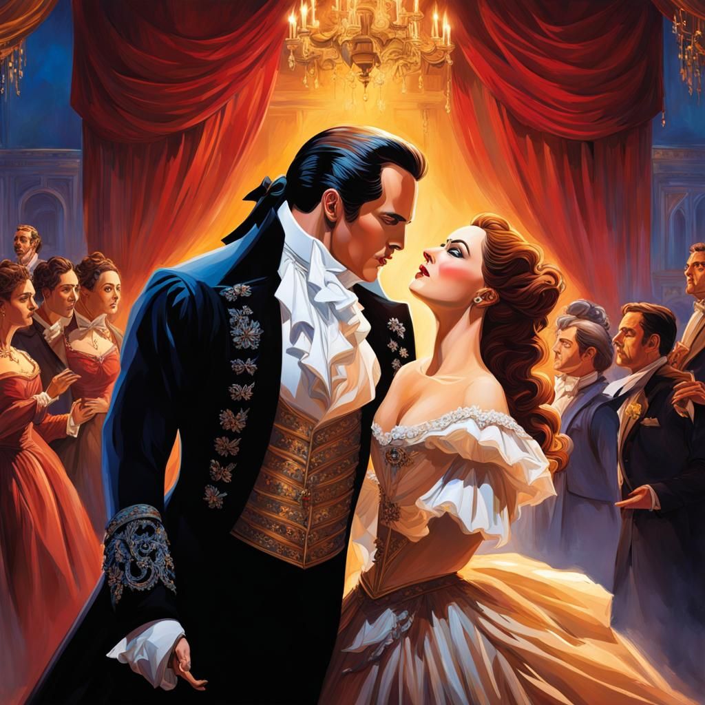 Phantom of the opera actors on stage Hyperrealistic, splash art, concept art, mid shot, intricately detailed, ...  by @Missysmom