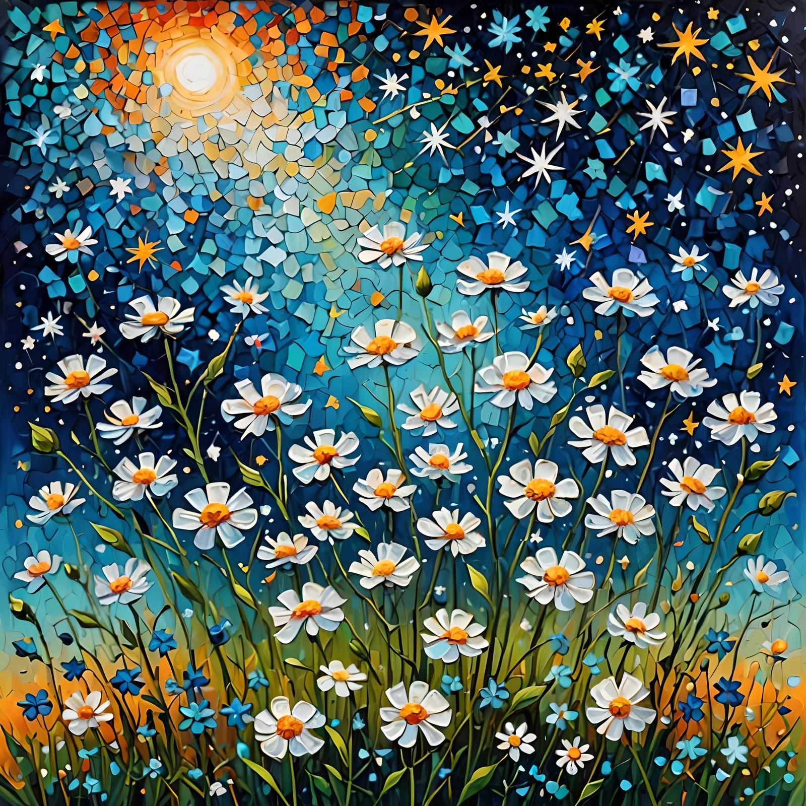 Gypsophila Under Starry Sky: Neo-Impressionist Oil Painting