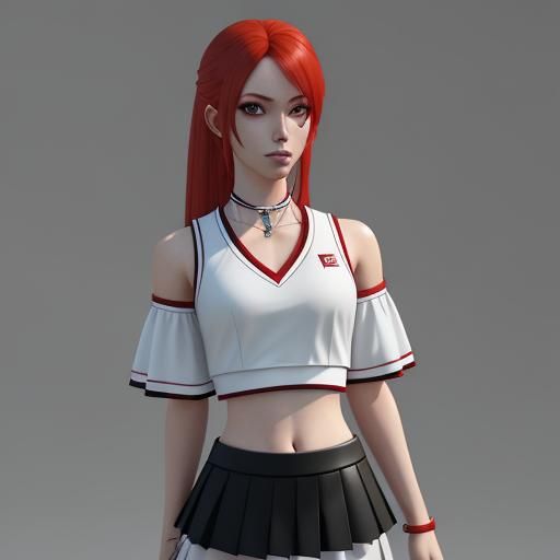 Young redhead vampire queen, mini tennis skirt, crop top