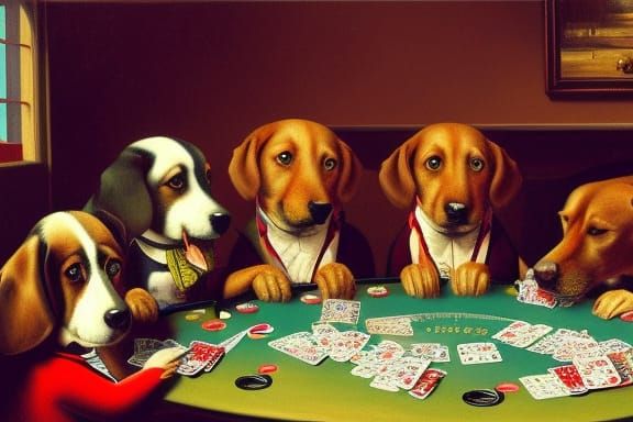 Premium AI Image  group of dogs playing poker at the table in a dark room