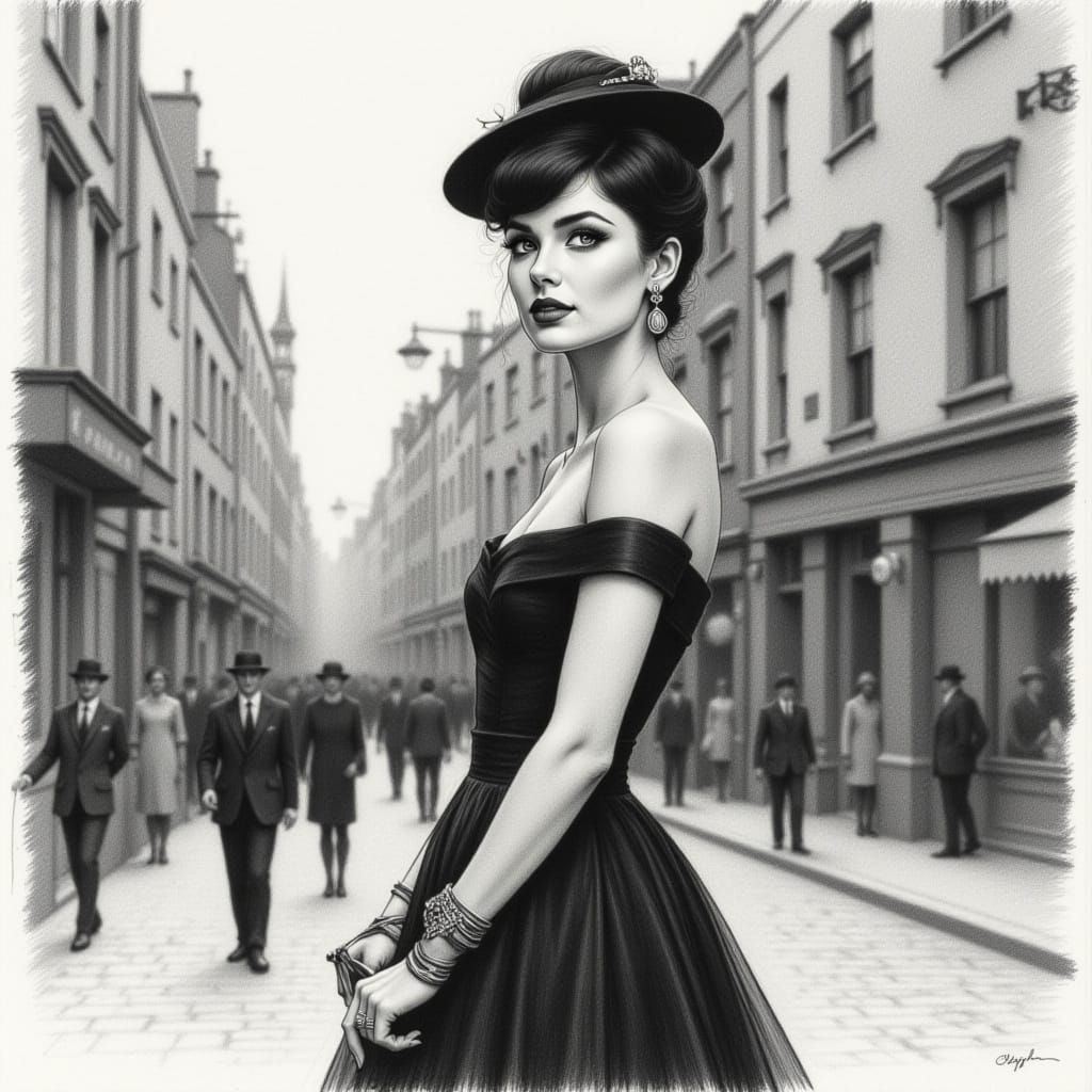 Graphite and charcoal pencil <lora:Charcoal and pencil:1.0> Reflects the aesthetics of 60s pop art in a monochromatic drawing, making use of...