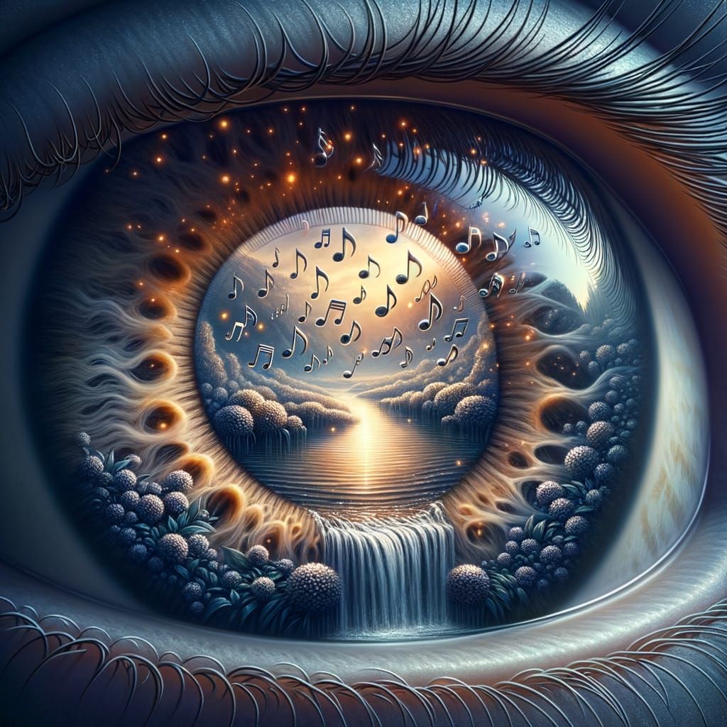 A surreal scene viewed within a detailed eye. Inside the reflection of the eye, silver musical notes cascade down into a calm stream. The no...