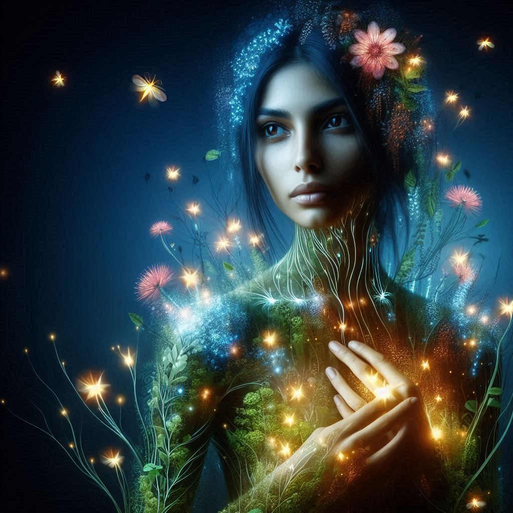woman is a landscape of interconnected ecosystems, with miniature glowing fireflies inhabiting her form and luminescent ...