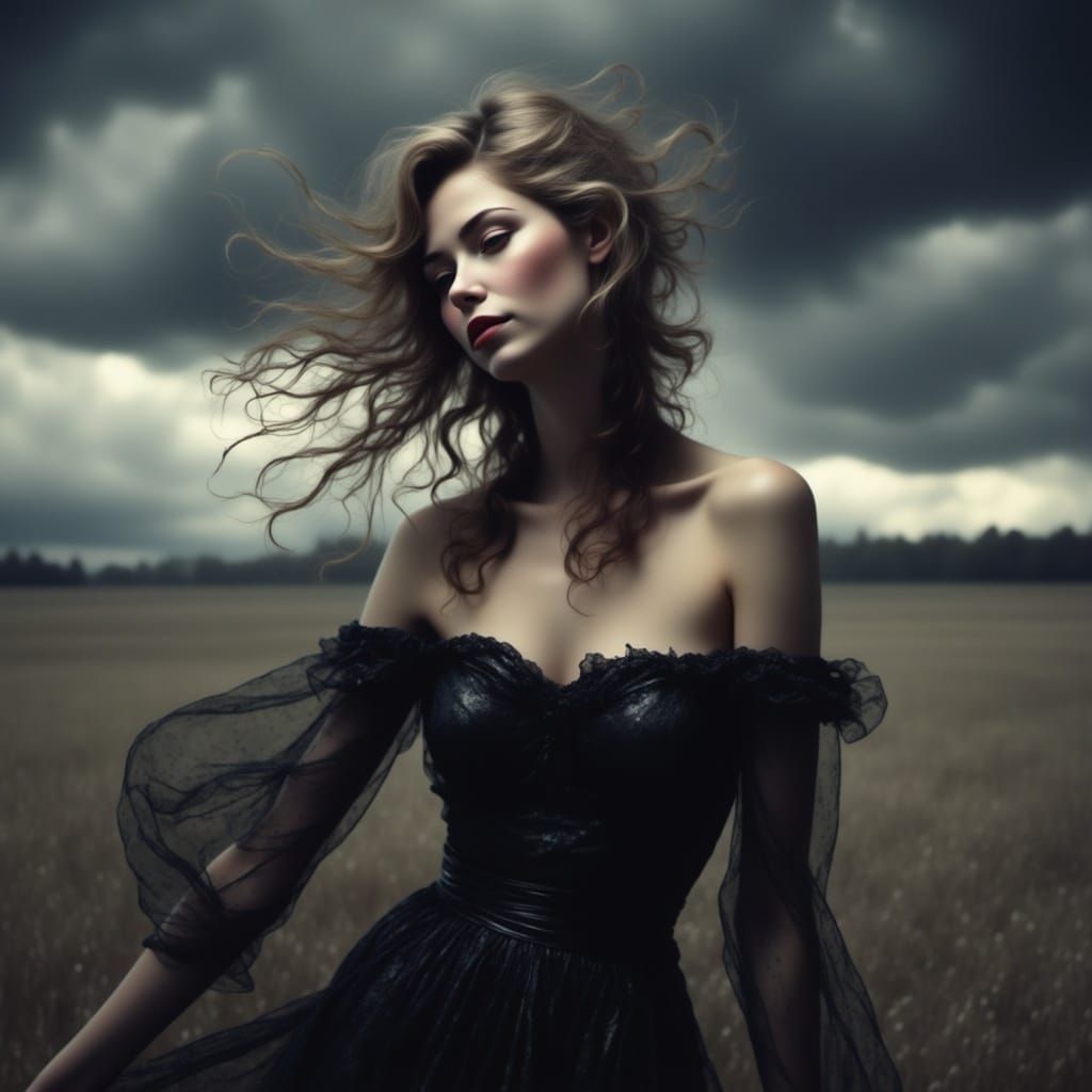 a woman in a black dress posing for a picture with a cloudy background and a dark sky behind her, Elina Karimova, gothic art, gothic, a char...