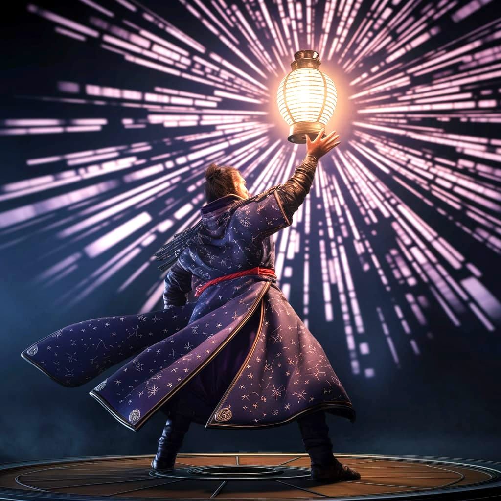 A mystical warrior, clad in robes adorned with celestial patterns, holds aloft a radiant, magical lantern that casts intricate, shifting sha...