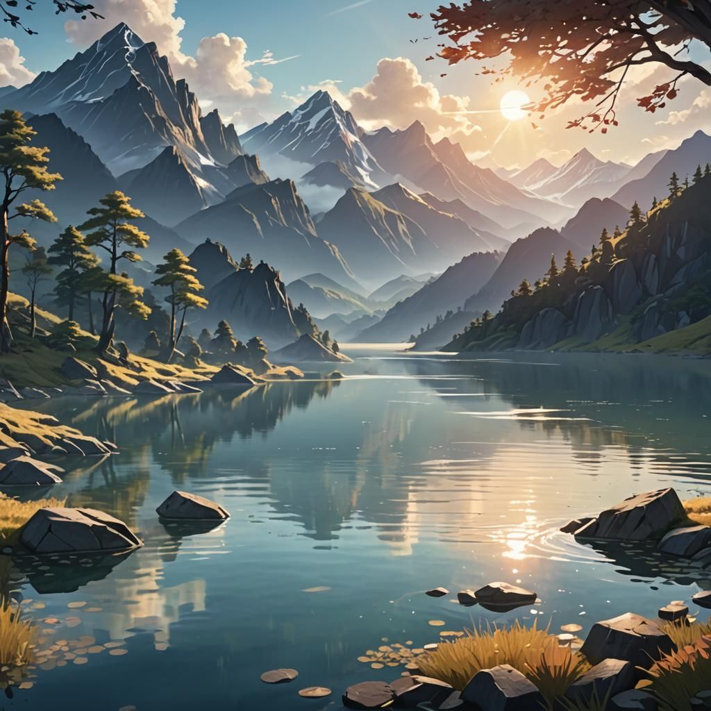 Anime-Inspired Lake and Mountain Landscape