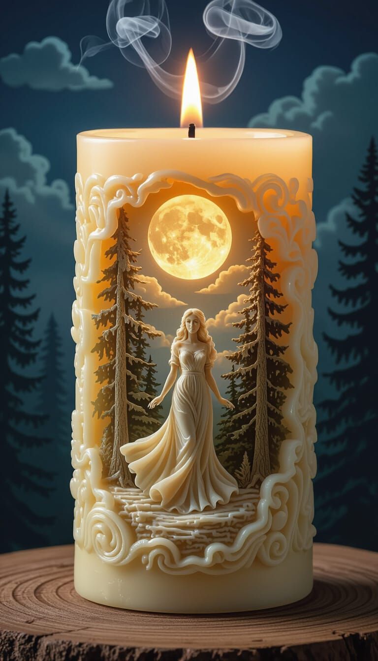 a realistic and enchanting scene featuring a lit candle with intricate wax carvings. The carving depicts a serene woman in a flowing dress s...