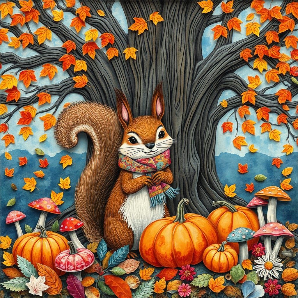 Autumn paper collage, pumpkin, mushrooms, leaves, squirrel s...
