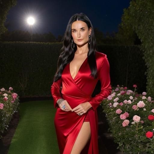 (Demi Moore 1.5) wearing a scarlet red, low-cut, tight  silk...