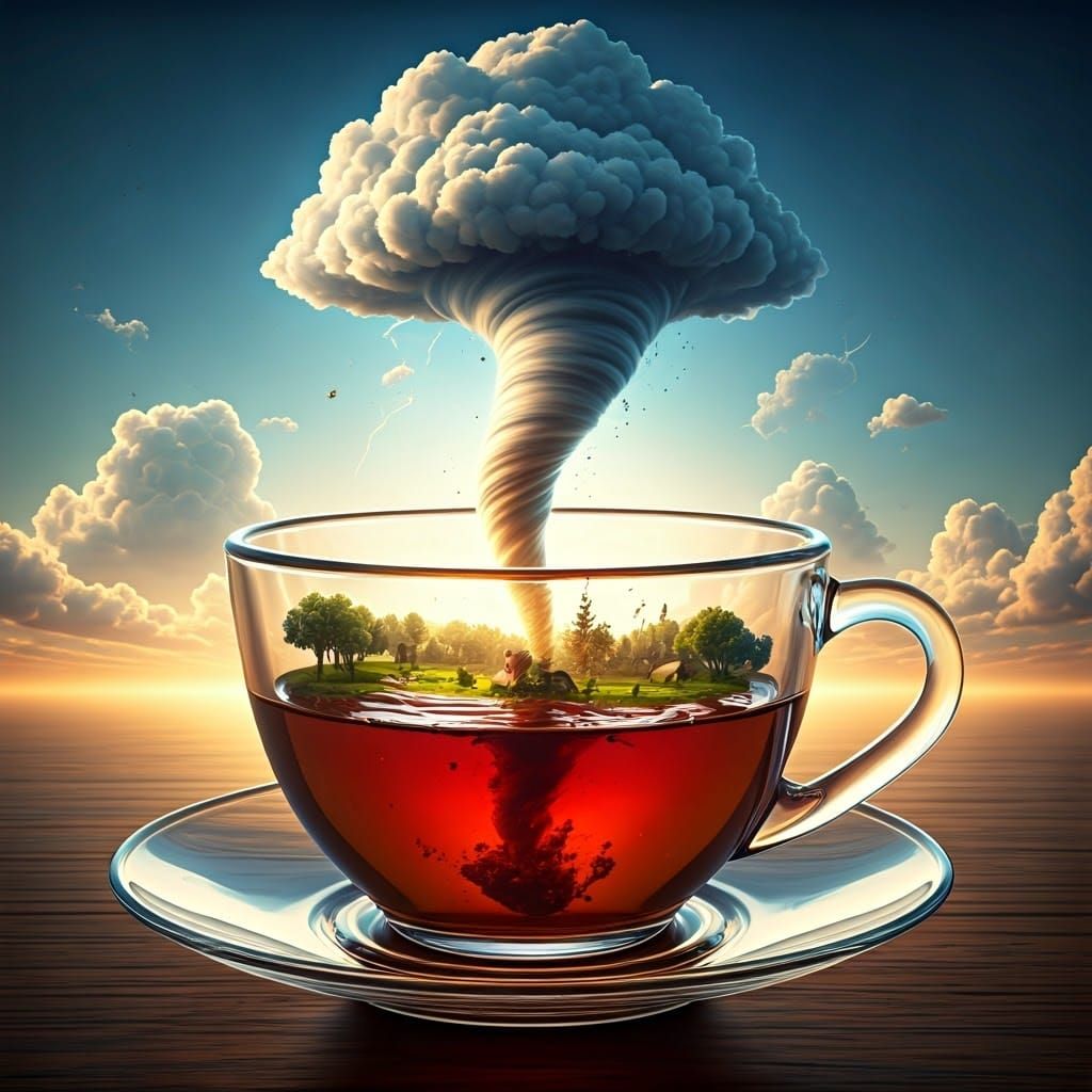 A transparent cup of tea showing stormy tea and in the background a shining sky and small clouds and ...  by @Lucifer Morningstar