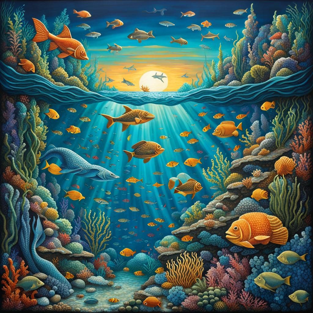 mosaic art ((20,000 Leagues Under the Sea)) underwater scene. intricate ...