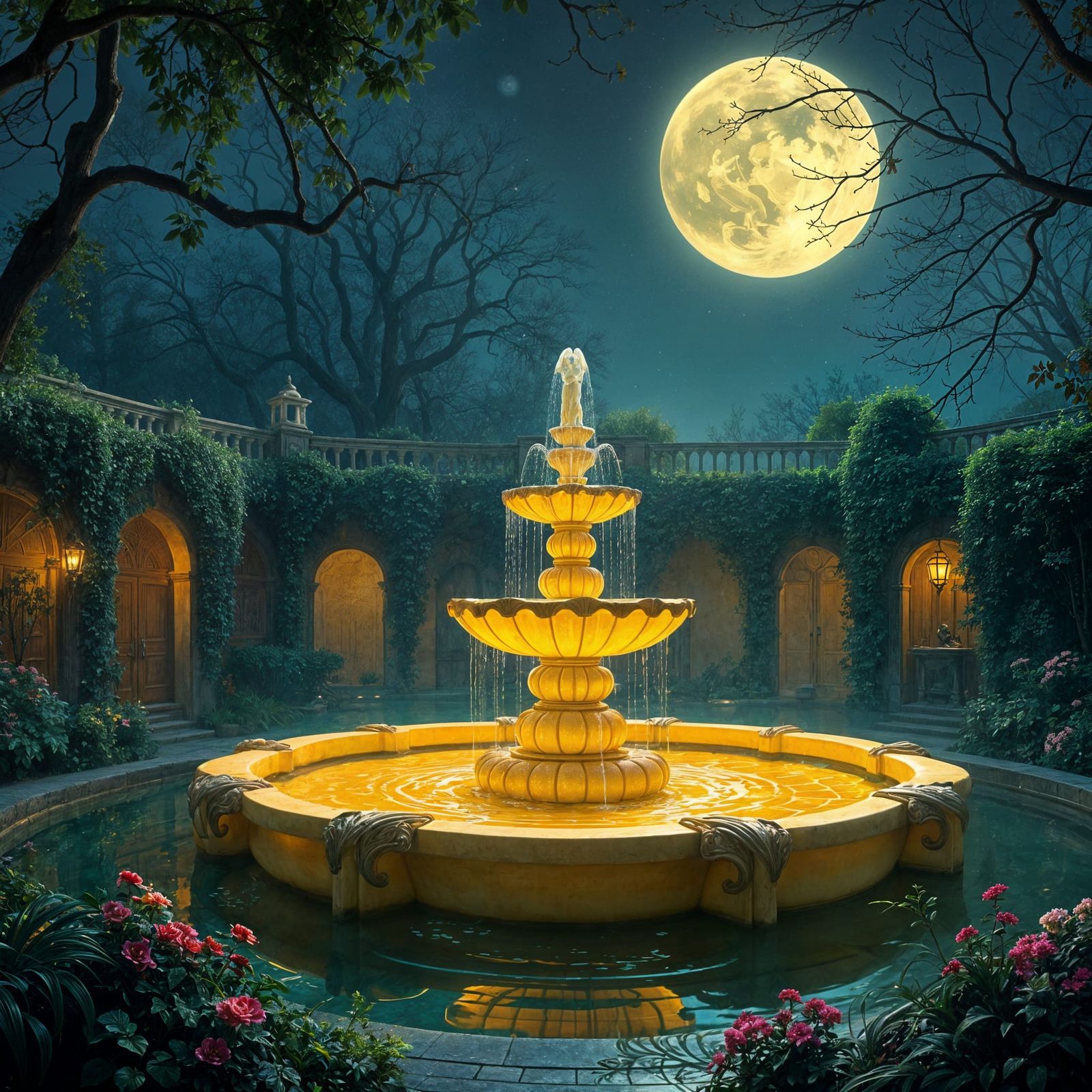A glowing fountain made entirely of cheese in a serene moonlit courtyard, surrounded by lush greenery ...  by @Shebali
