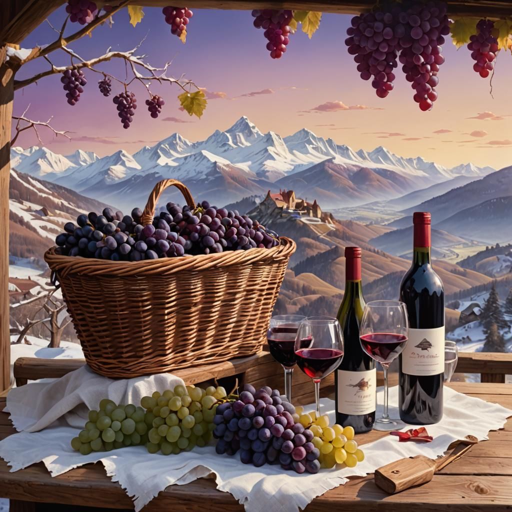 Grapes and Wine in Mountain Landscape, Oil Painting