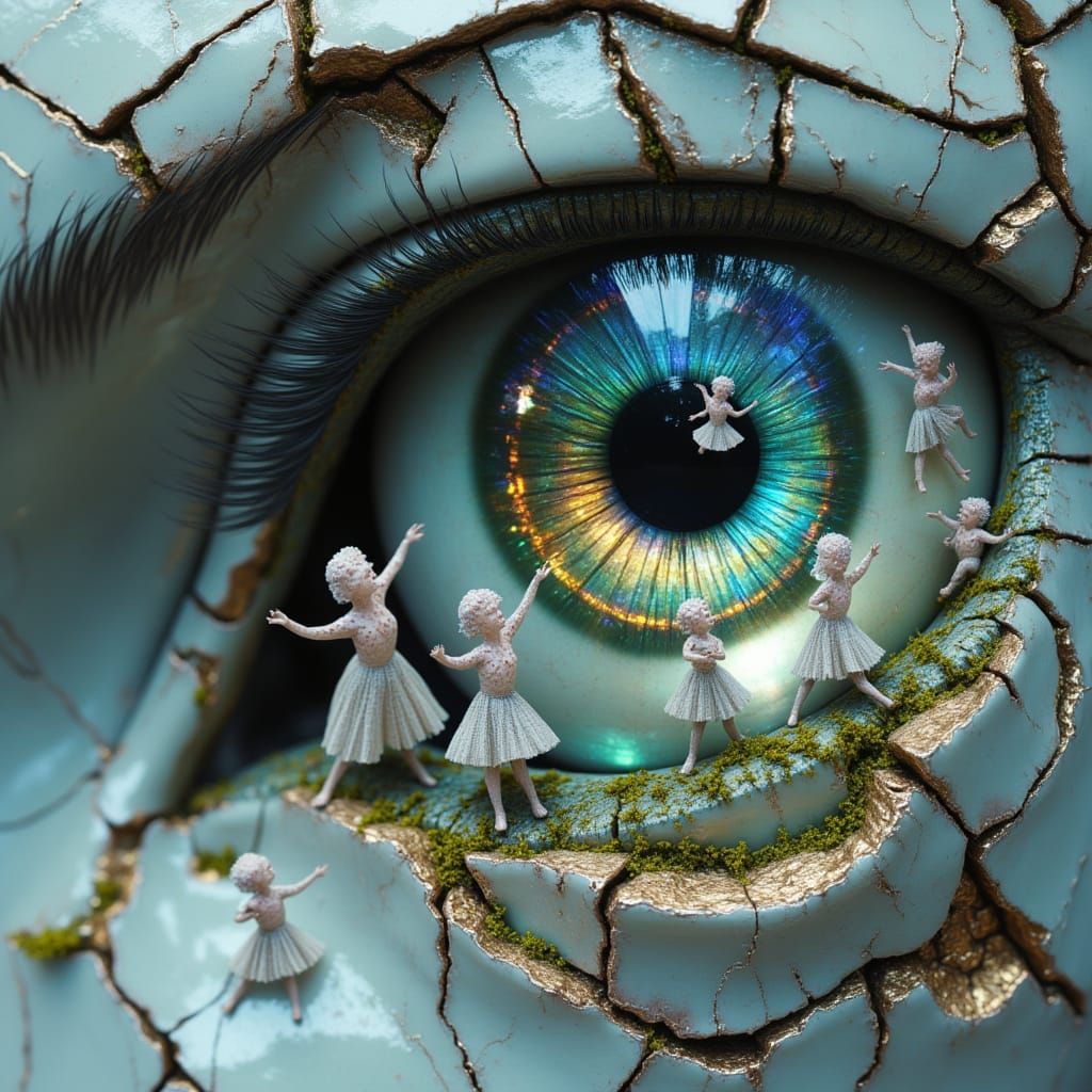 <lora:Fractured Gaze:1.0> A close-up portrait of an hollow gaze, the porcelain skin is made out of splintered glass with elements of moss o...