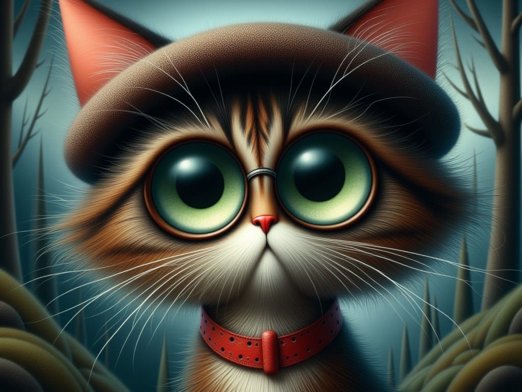 (modern hipster kitten:1.3) : gorgeous glowing emerald green eyes, newsboy cap, wire-rimmed glasses : Small Brush Strokes painting, detailed...