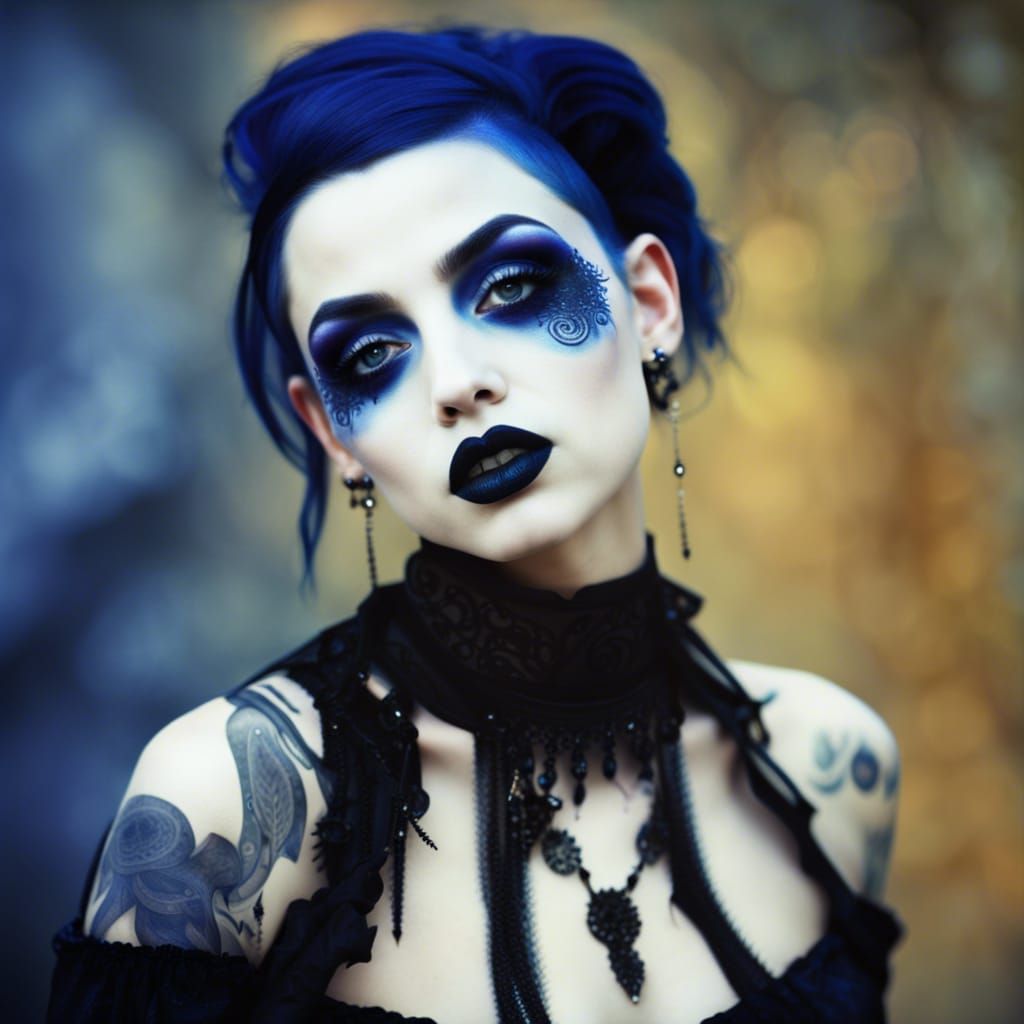 Gothic vampire lady with long black hair& red eyes& cobalt blue eyeshadow&  Black eyeliner& Black lipstick& porcelain white complexion& perfe - AI  Generated Artwork - NightCafe Creator