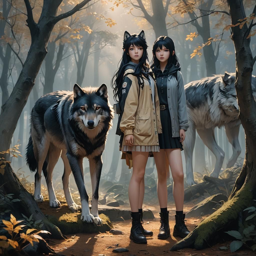 Anime Girl with Wolf in Misty Forest