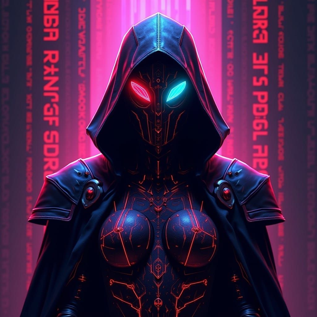 Imperious mysterious cyberpunk cyberlord, cape, geometric abstraction, geometric, geometric gradients, art nouveau, film noir, lens flare, g...