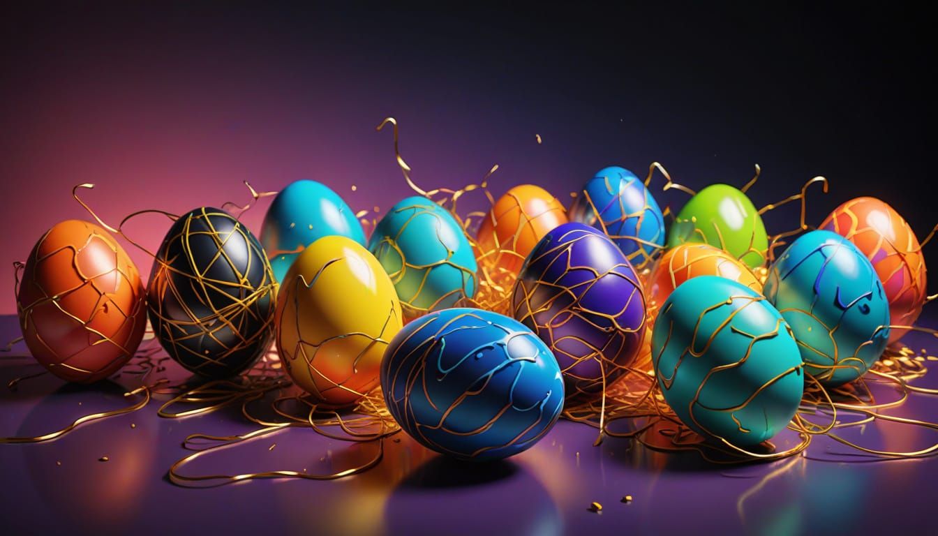 Lyrical Abstraction Easter eggs, neon colors, hanging from golden threads.  by @keith
