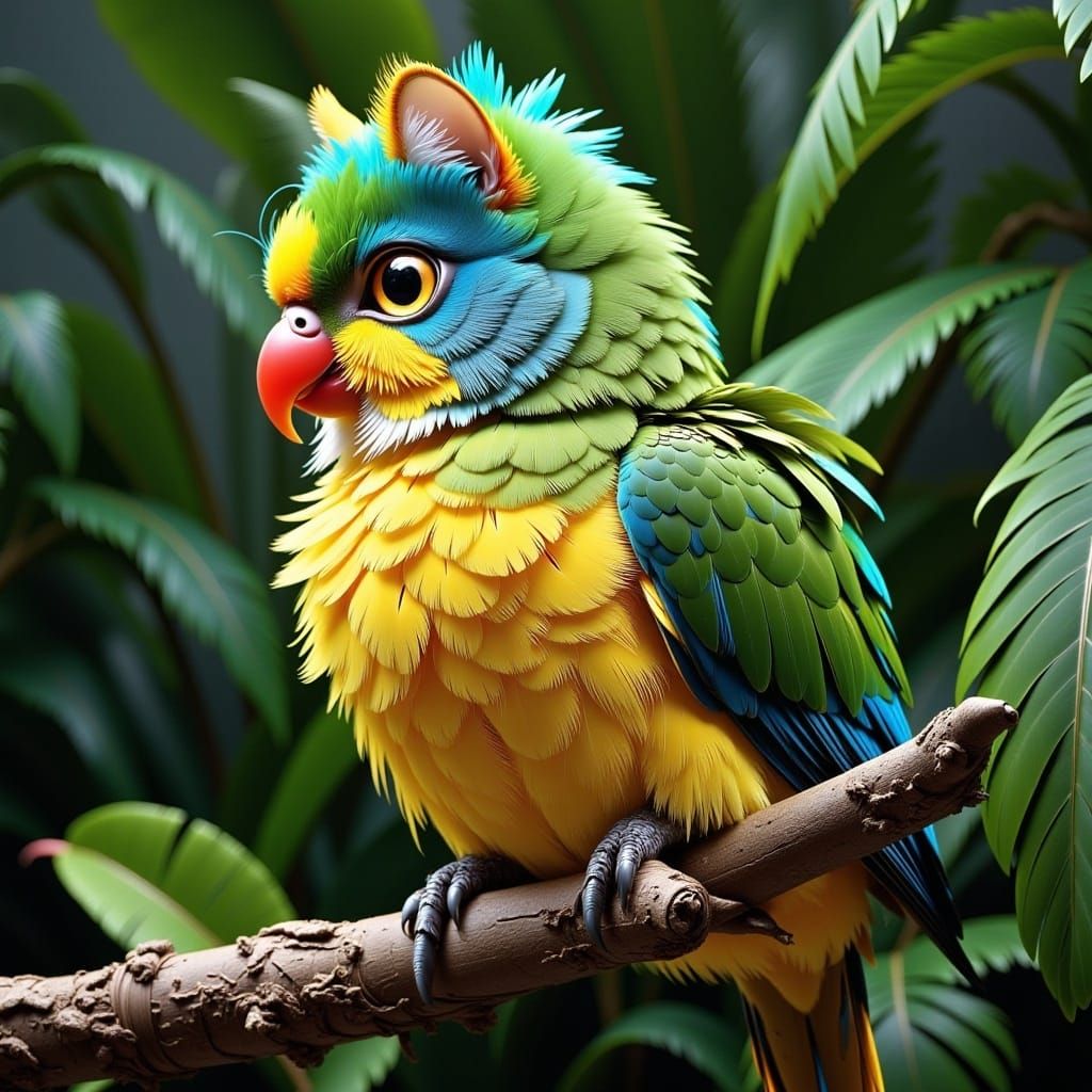 <lora:Flux Cat Parrot:1.0> Cat parrot hybrid, sitting on a branch