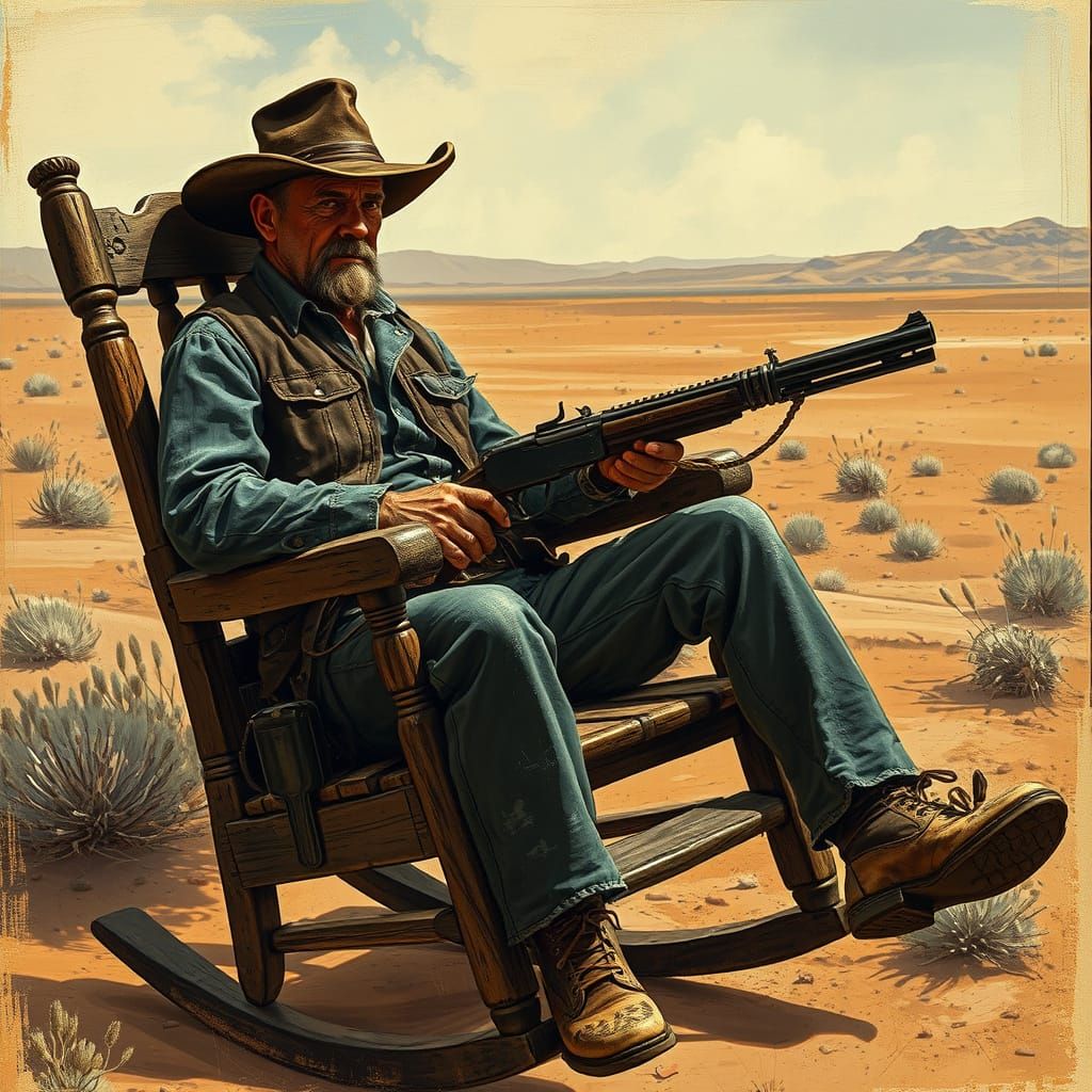 wild west Gunslinger sitting in a rocking chair   by @J T