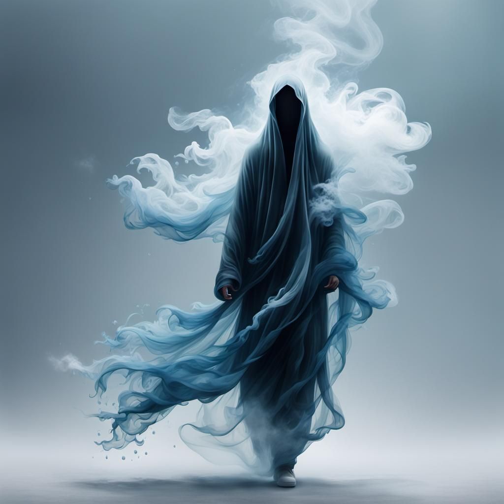 Form a person made from smoke, water running, dispersing into windswept drops, insanely detailed disintegrating water Wi...