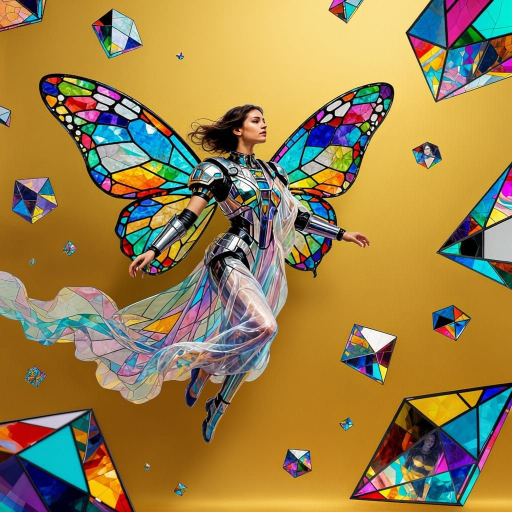 A woman with butterfly wings made of stained glass, floating 