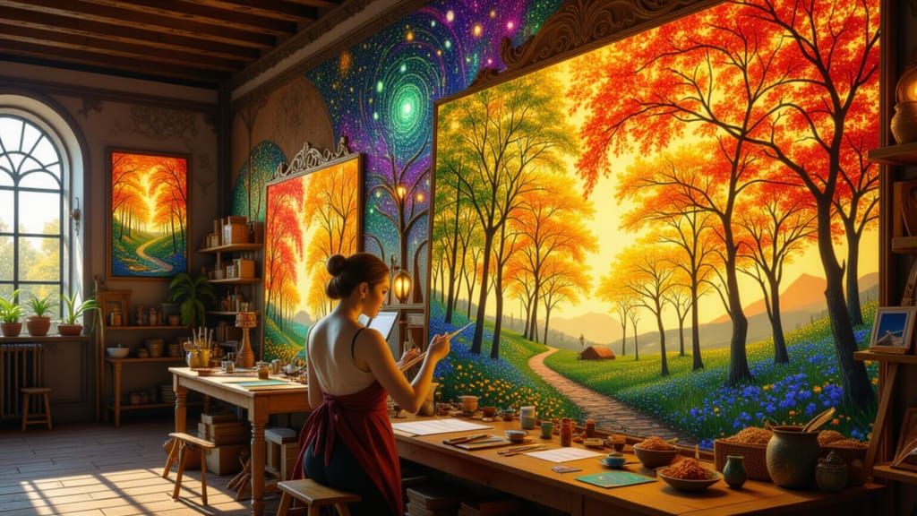 artists painting "happy little trees" that animate using augmented reality