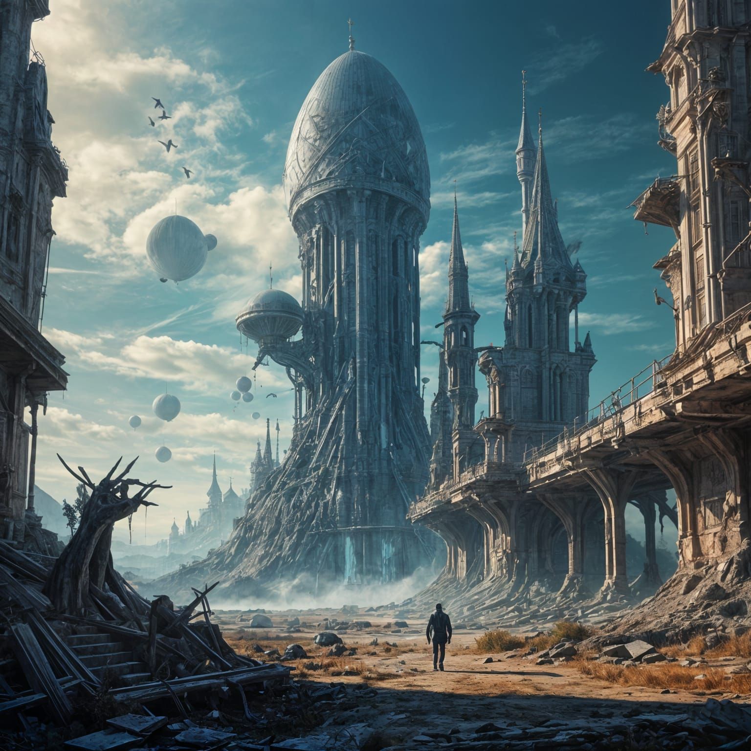 Surrealist Landscape: Distant Planet with Futuristic Citysca...