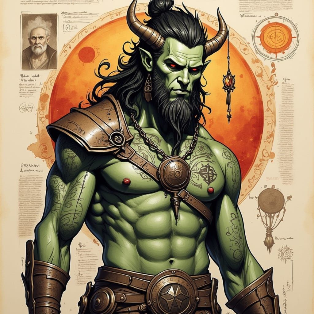 <lora:sketchyv3:1.0> waist up portrait Gorgeous tattooed green male pin up orc warrior with attractive outfit, wild hair, sinister and power...