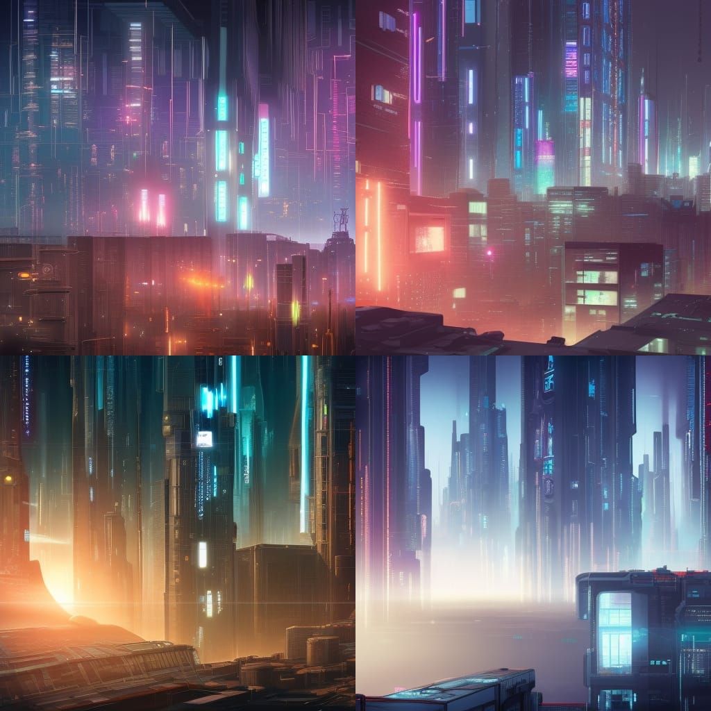 Electricity eminating from buildings in a future cyberpunk t...